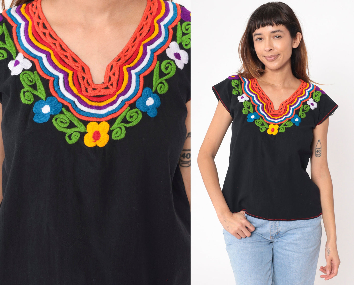 90s Mexican Floral Embroidered Blouse Black Cotton Short Sleeve Medium
