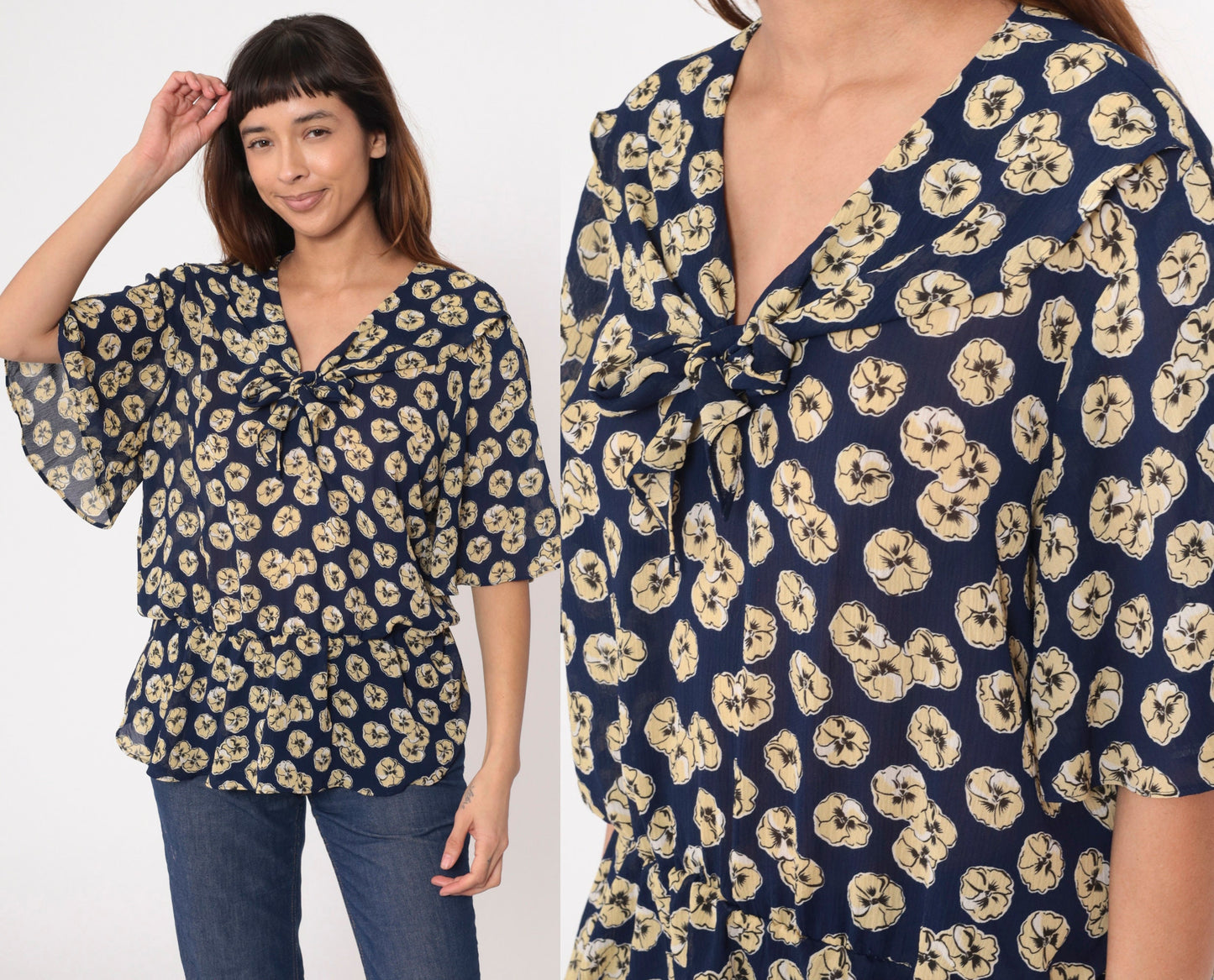 90s Navy Floral Blouse Tie Neck Peplum Flutter Sleeve Shirt Extra Large