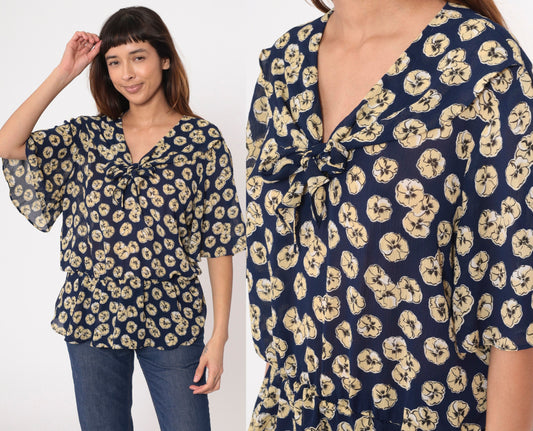 90s Navy Floral Blouse Tie Neck Peplum Flutter Sleeve Shirt Extra Large