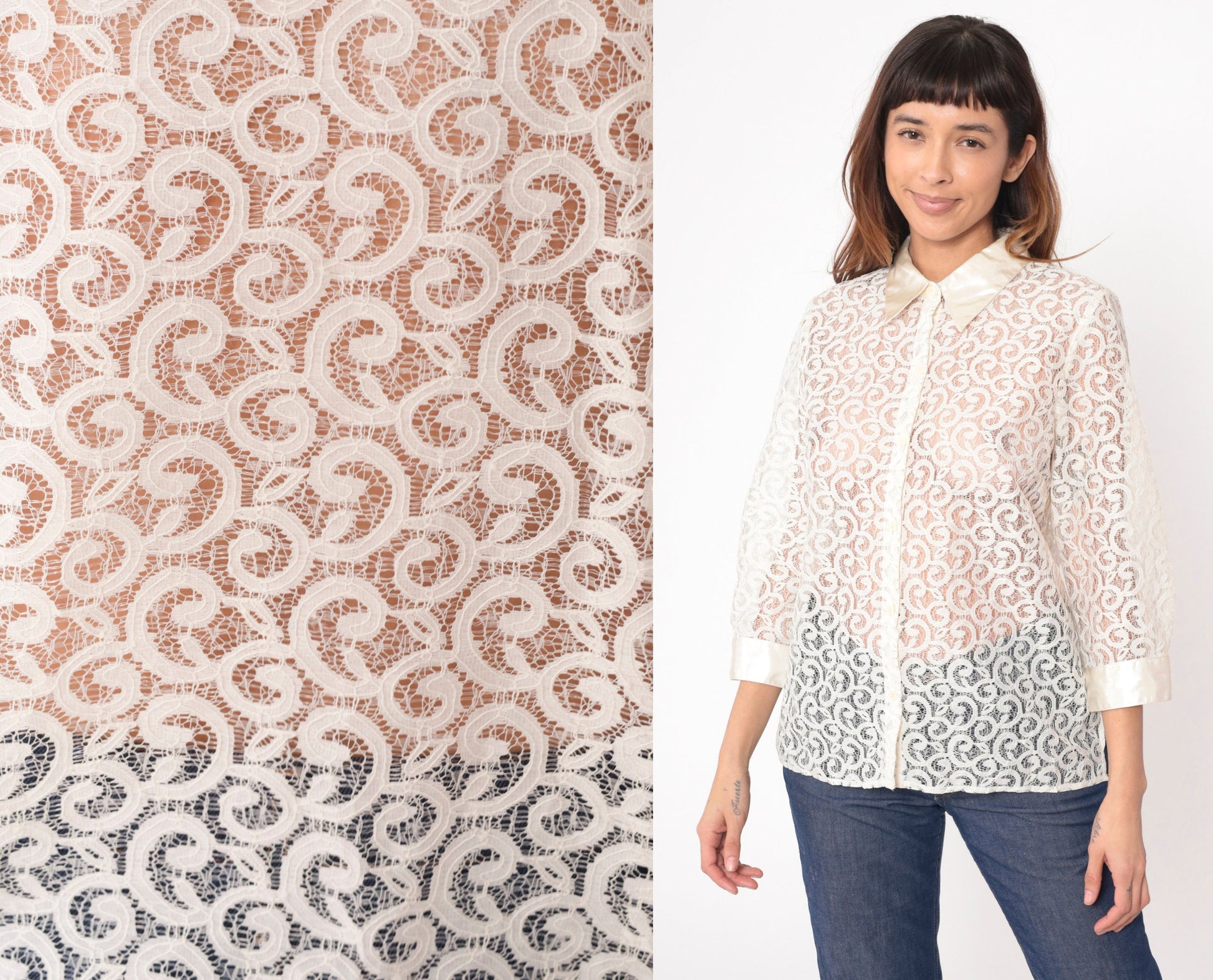 90s Alfred Dunner White Lace Blouse 3/4 Sleeve Button Up Medium Petite
