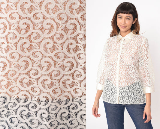 90s Alfred Dunner White Lace Blouse 3/4 Sleeve Button Up Medium Petite