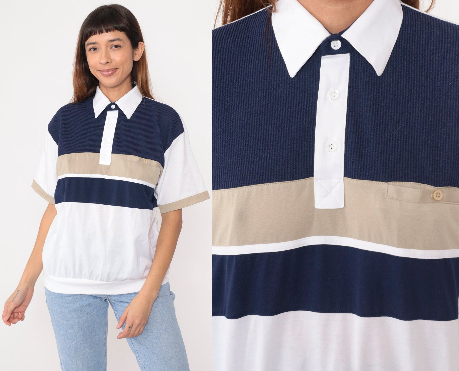 90s Striped Polo Shirt White Navy Blue Tan Collared Short Sleeve Medium