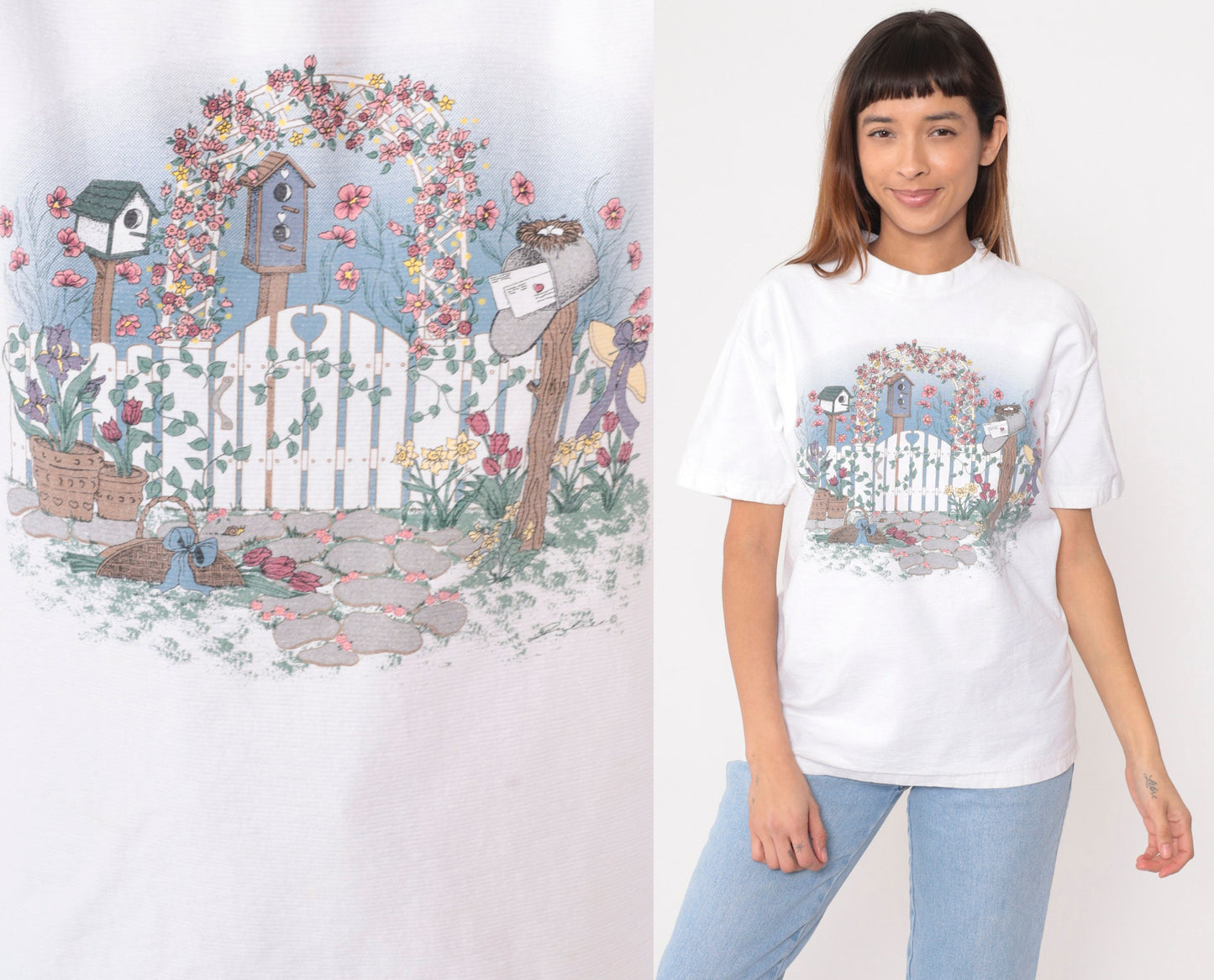 90s Garden Birdhouse Graphic T-Shirt White Cotton Tee Medium