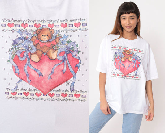 90s Teddy Bear Heart T-Shirt Lucy Rigg Graphic Tee White Extra Large XXL