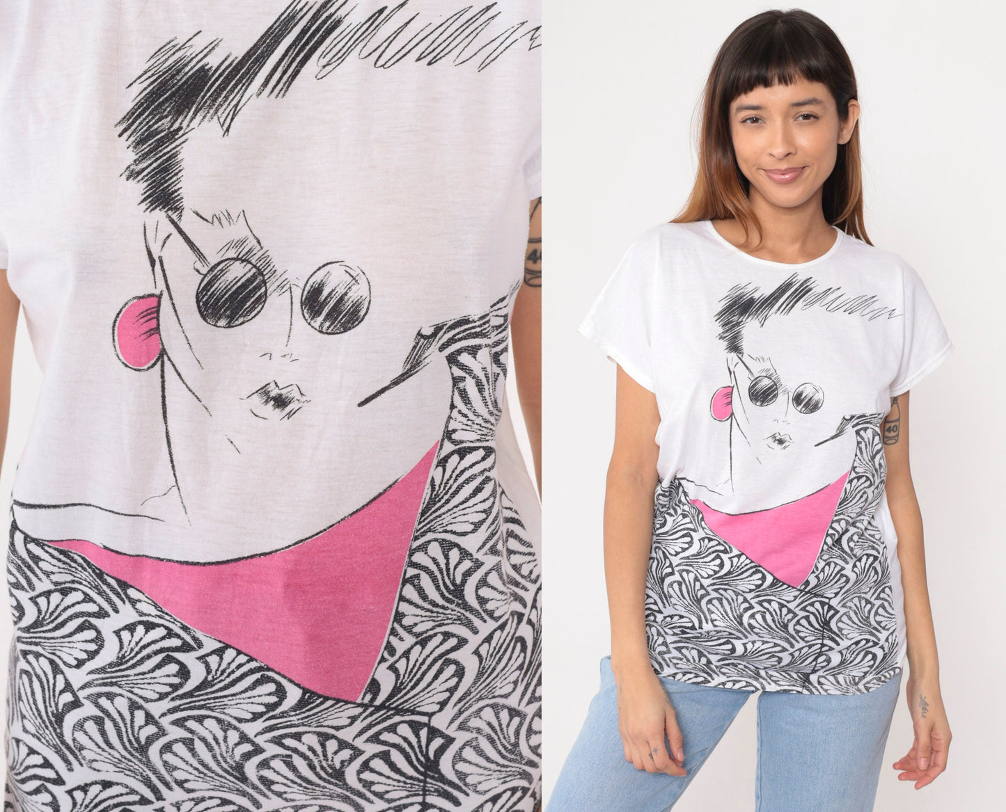 90s Woman Art Print Graphic Tee White Cotton Blend Small