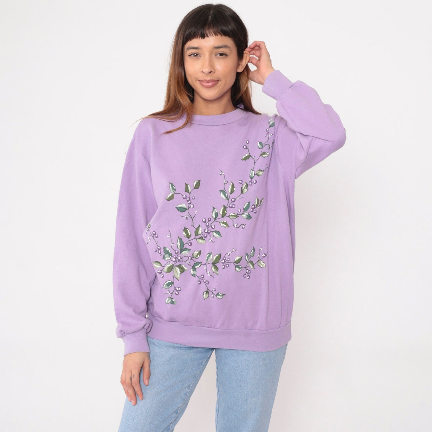 90s Lavender Sweatshirt Botanical Berry Leaf Graphic Crewneck Pullover Large L