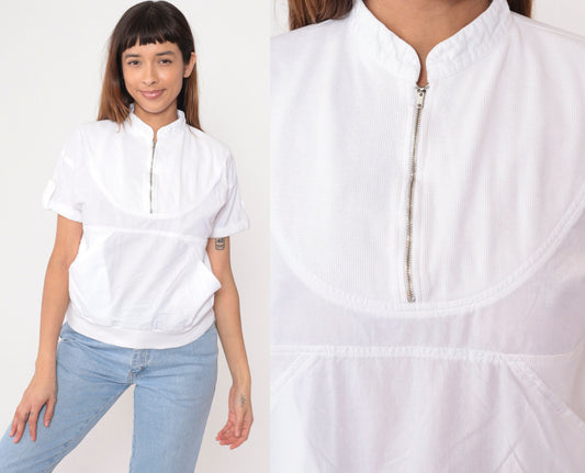 90s Radius Quarter Zip White Cotton Shirt Kangaroo Pocket Small S