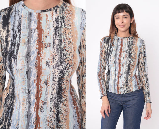70s Abstract Striped Blouse Lettuce Edge Hem Long Sleeve Crewneck Small Medium