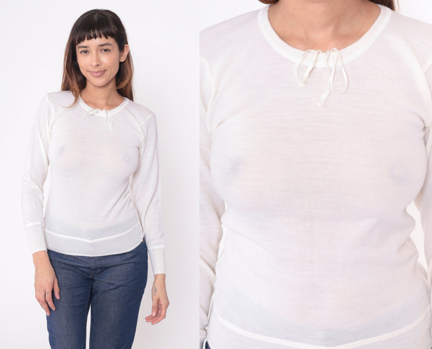 80s White Wool Thermal Long Sleeve Pullover Shirt Snowflake Small
