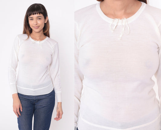 80s White Wool Thermal Long Sleeve Pullover Shirt Snowflake Small