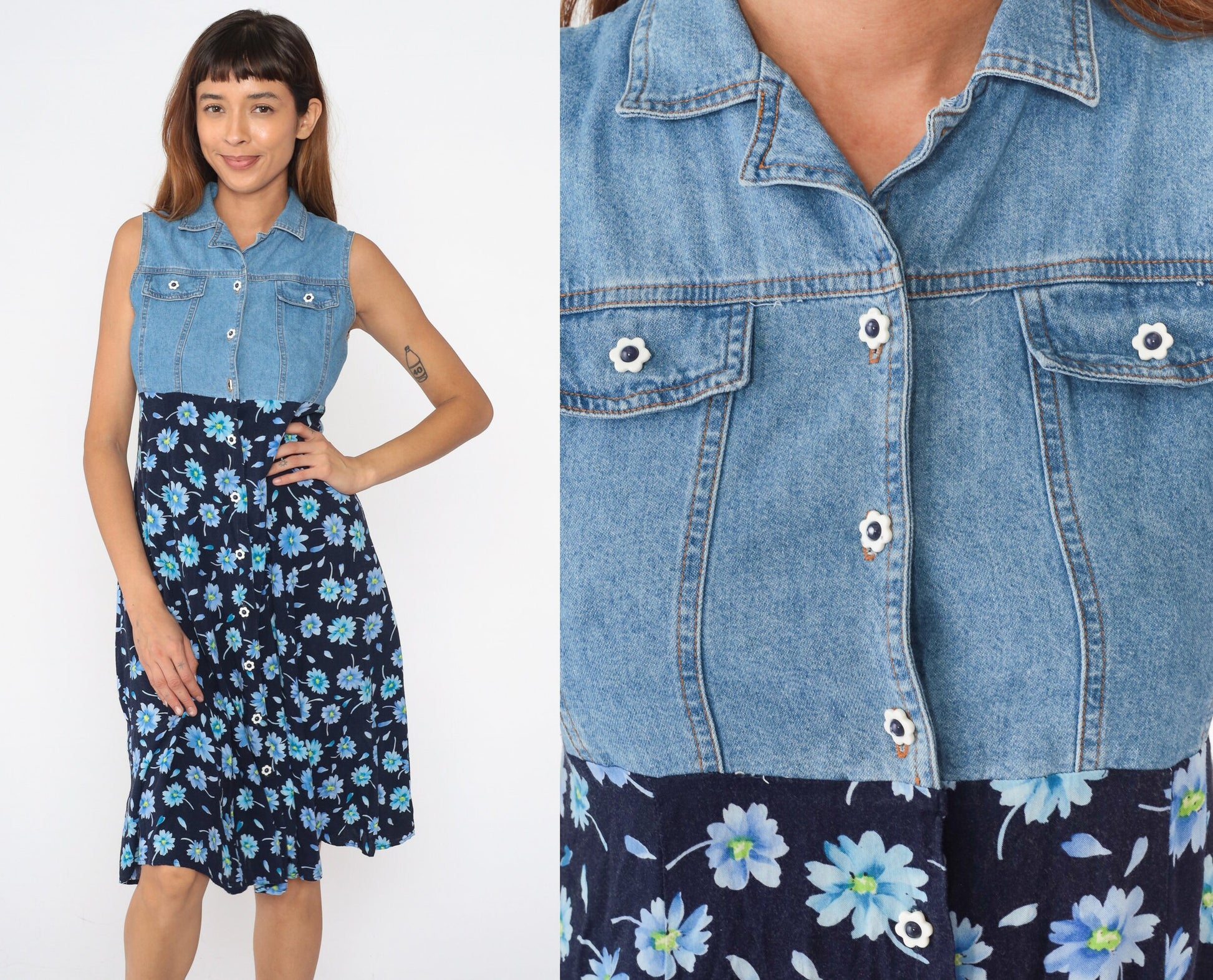 90s Floral Denim Midi Dress Button Up Empire Waist Blue Rayon Extra Small