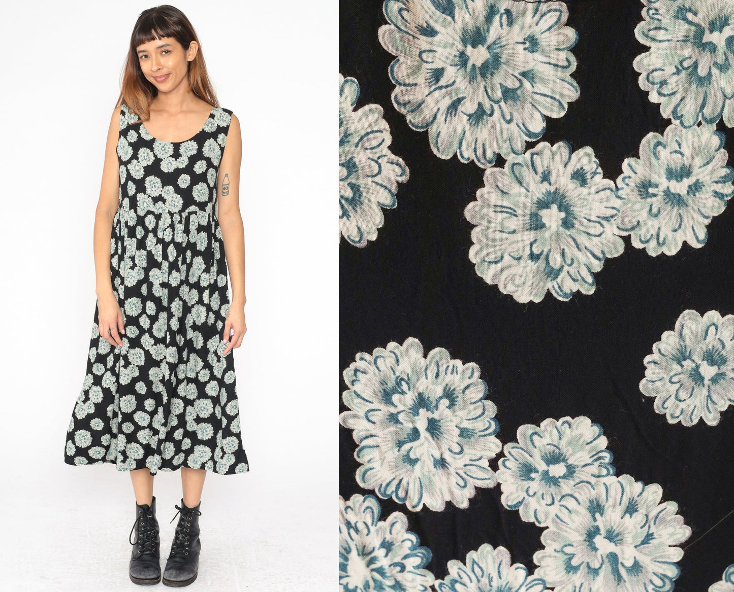90s Floral Midi Dress Black Rayon High Waist Sleeveless Large L