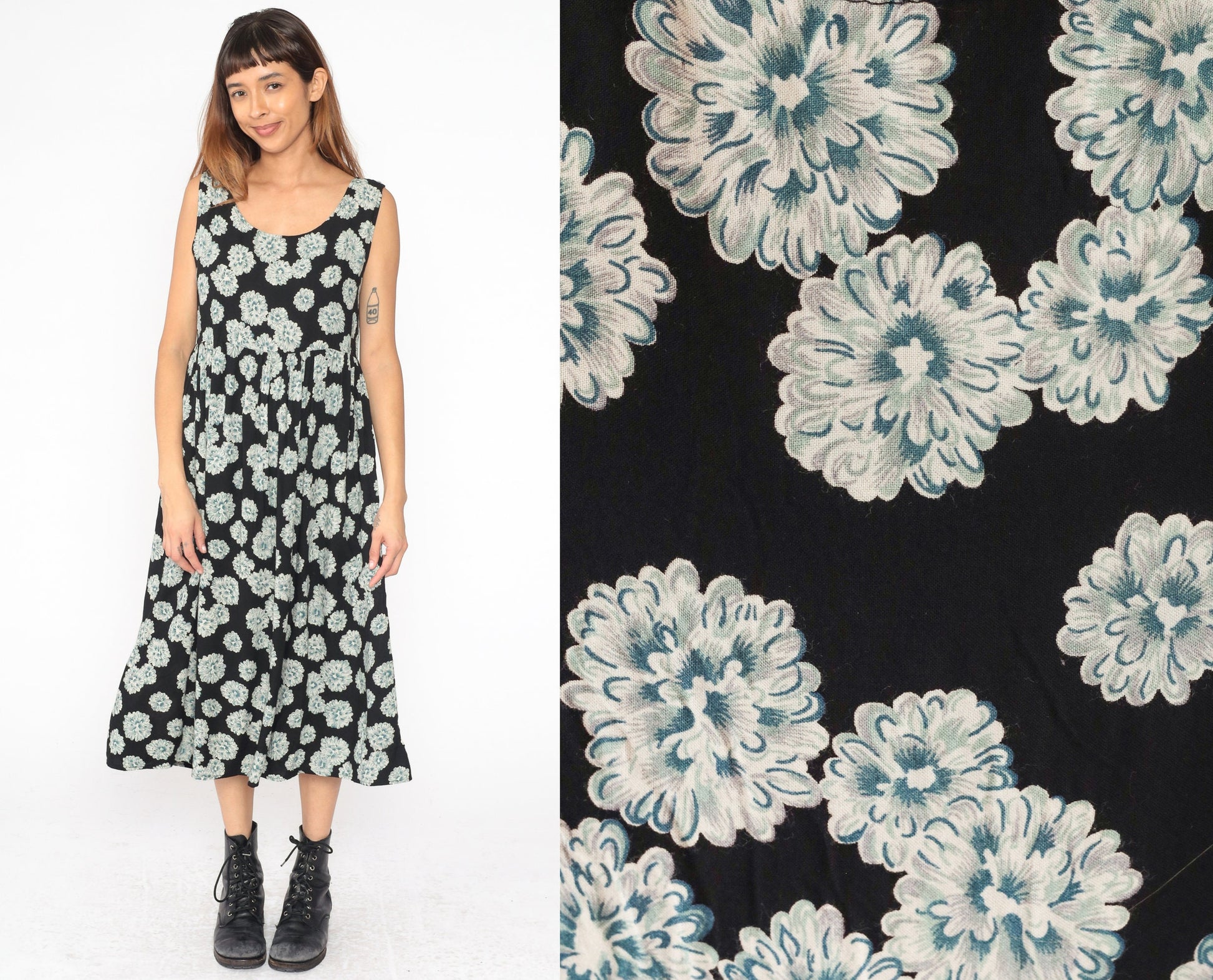 90s Floral Midi Dress Black Rayon High Waist Sleeveless Large L