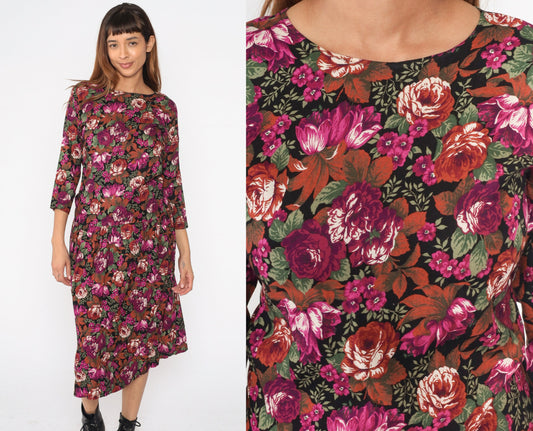 90s Floral Midi Dress Drop Waist Long Sleeve Rayon Fuchsia Multicolor Small