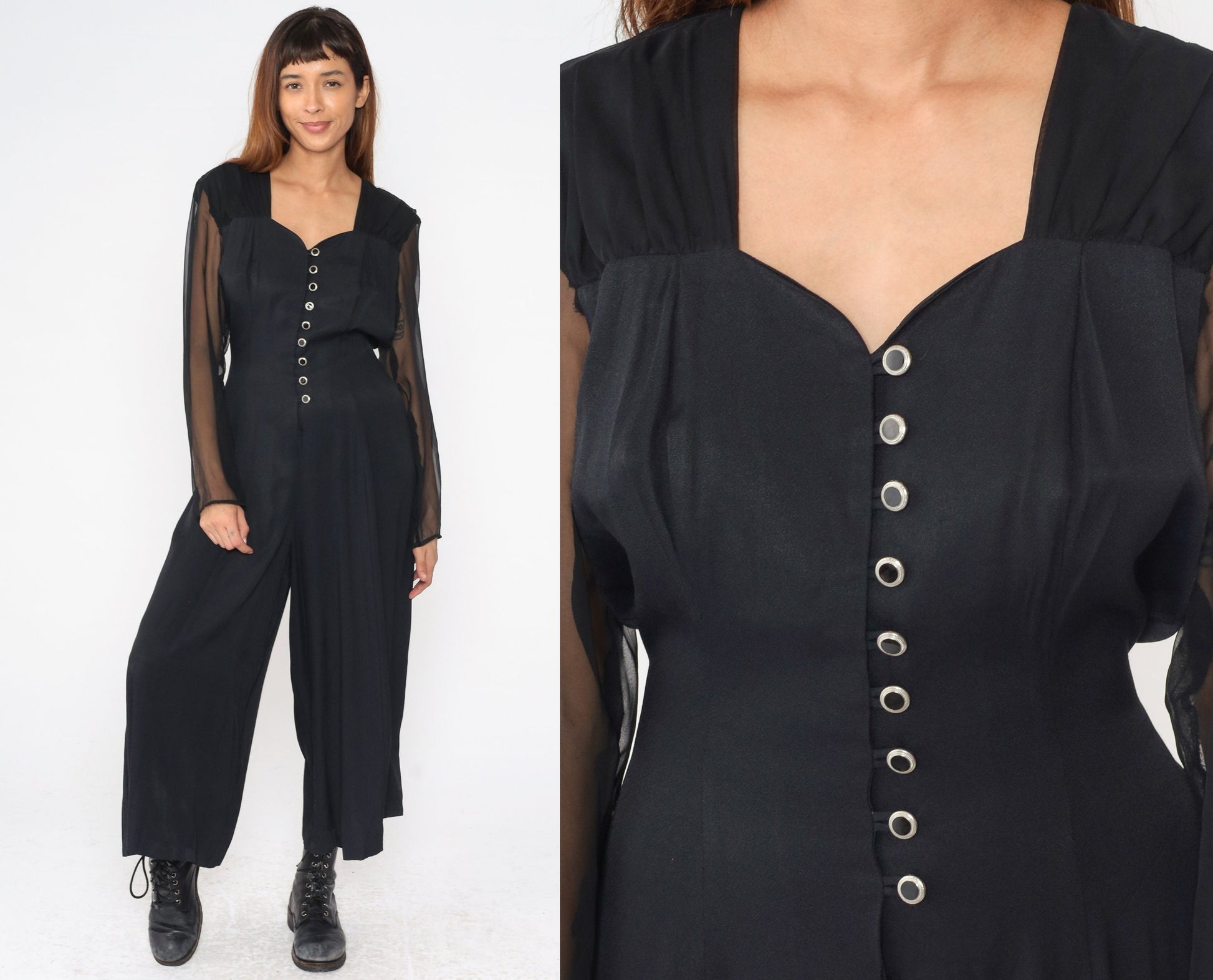90s Black Wide Leg Jumpsuit Chiffon Sleeve Sweetheart Neckline Large 12