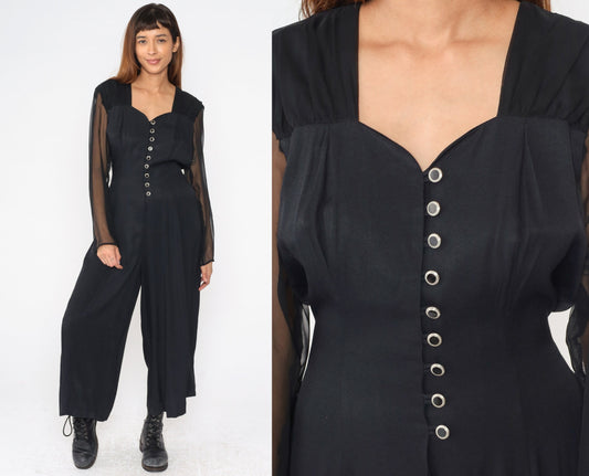90s Black Wide Leg Jumpsuit Chiffon Sleeve Sweetheart Neckline Large 12