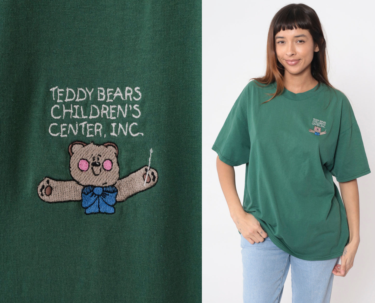 90s Teddy Bears Children Center Embroidered T-Shirt Green Cotton Tee Extra Large XL