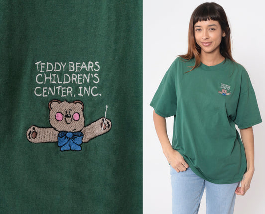 90s Teddy Bears Children Center Embroidered T-Shirt Green Cotton Tee Extra Large XL