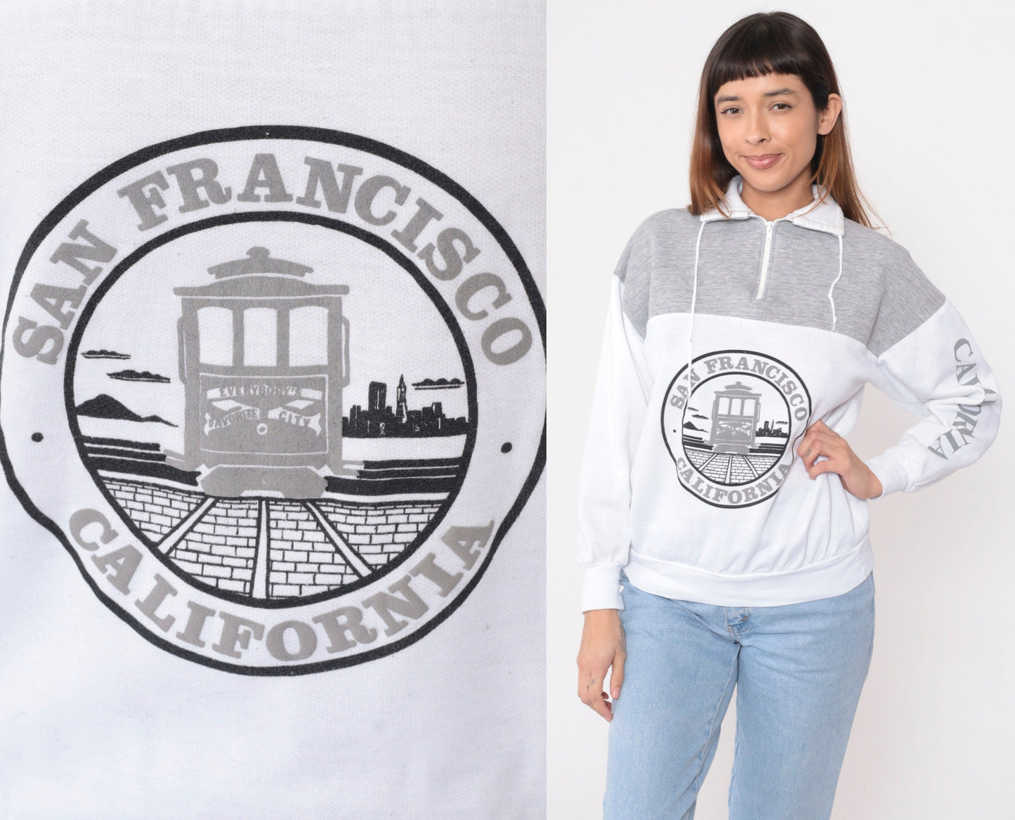 90s San Francisco Trolley Quarter Zip Sweatshirt Grey White Small Medium