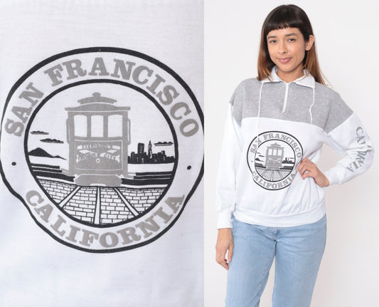 90s San Francisco Trolley Quarter Zip Sweatshirt Grey White Small Medium