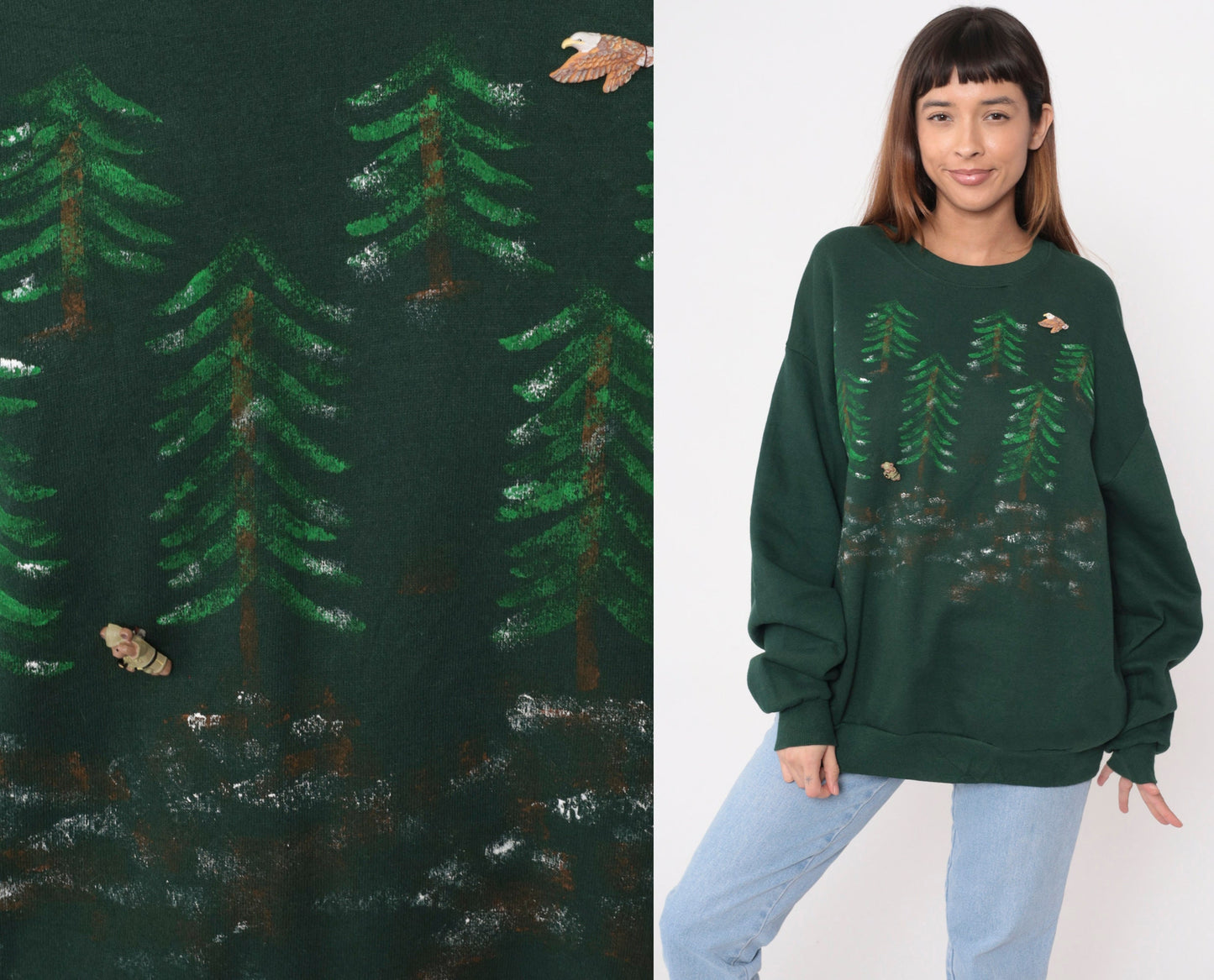 90s Hand Painted Forest Ranger Teddy Bear Eagle Sweatshirt Dark Green Extra Large XXL