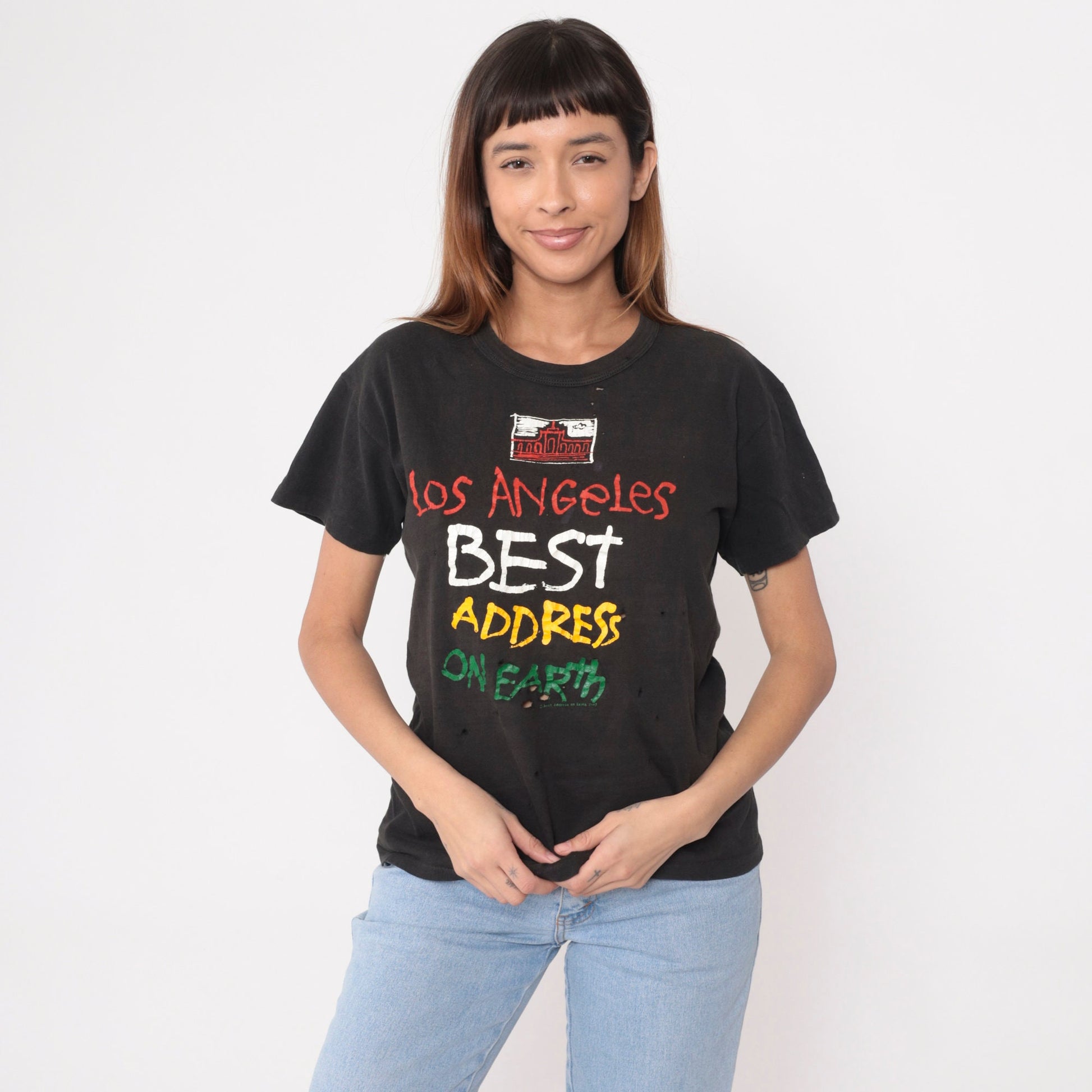 90s Los Angeles 'Best Address on Earth' Graphic Tee Black Distressed Medium