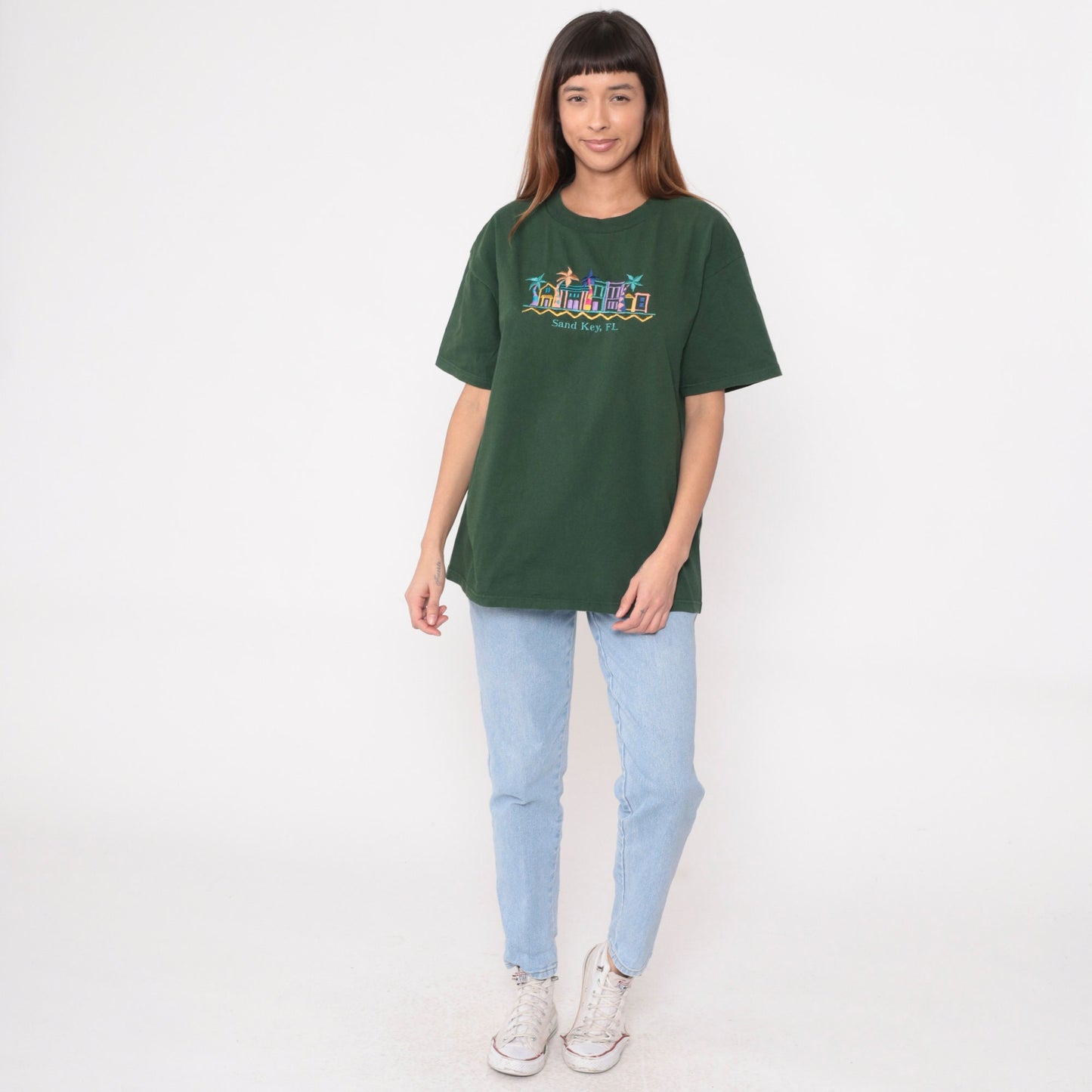 00s Sand Key Florida Clearwater Embroidered Graphic Tee Green Cotton Large
