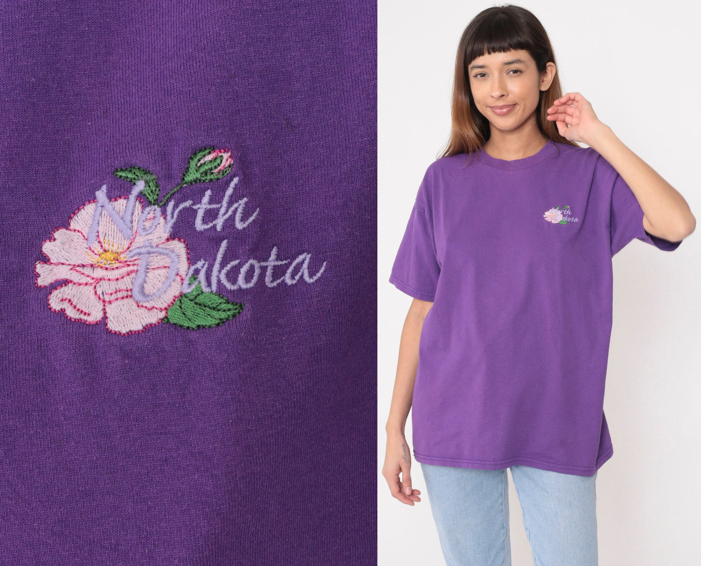 North Dakota Prairie Rose Embroidered Graphic Tee Purple 1990s Extra Large