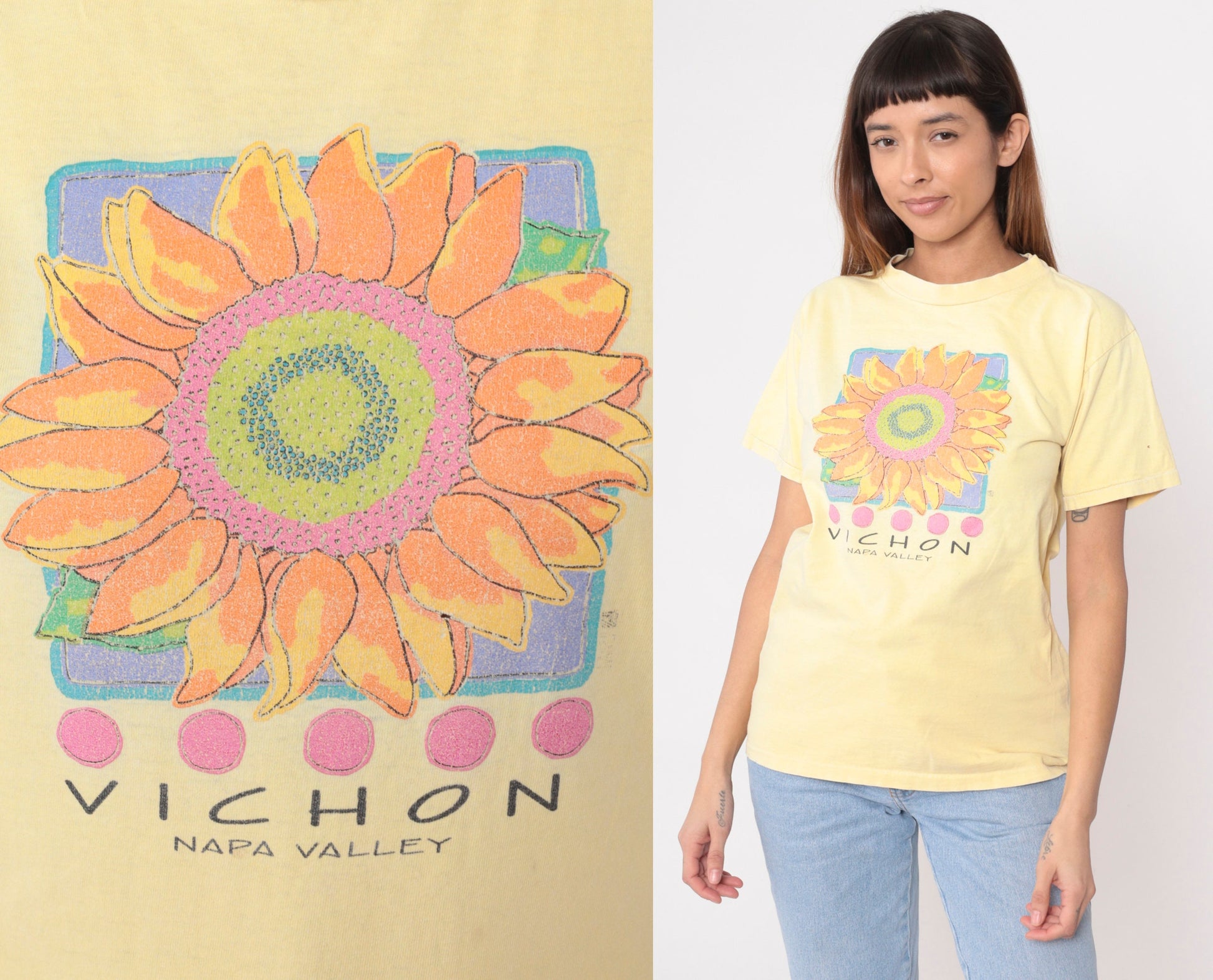 90s Vichon Napa Valley Winery Graphic Tee Yellow Sunflower Cotton Medium