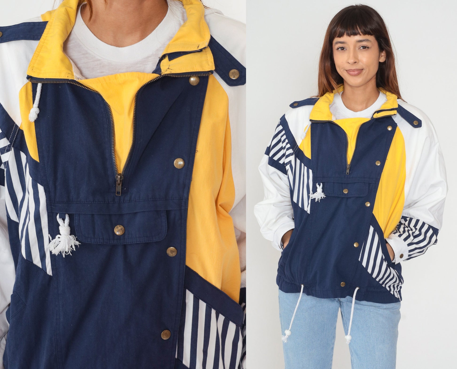 90s Hunt Club Windbreaker Jacket Quarter Zip Hooded Colorblock White Navy Yellow Medium