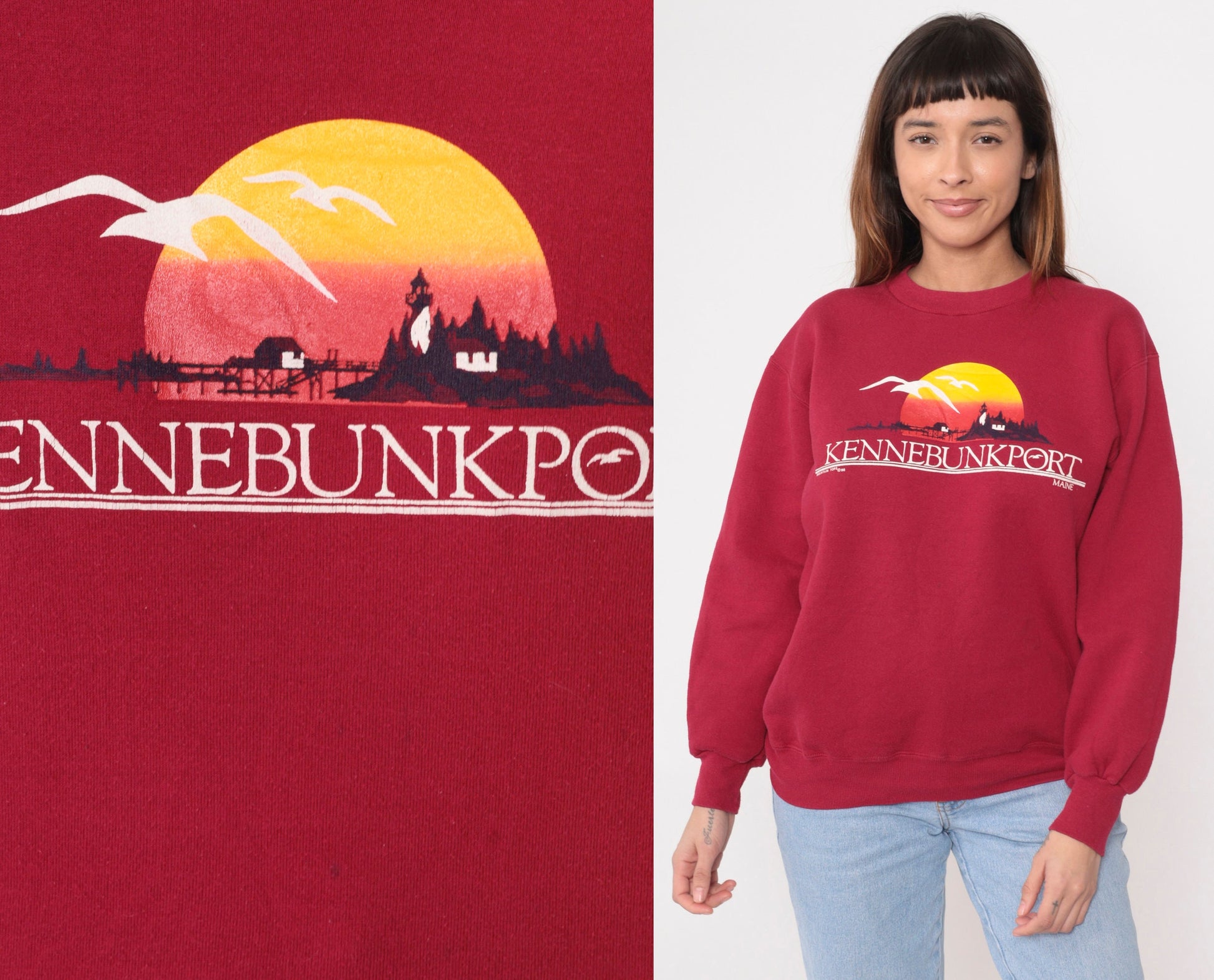 80s Kennebunkport Maine Lighthouse Seagull Sweatshirt Red Crewneck Medium