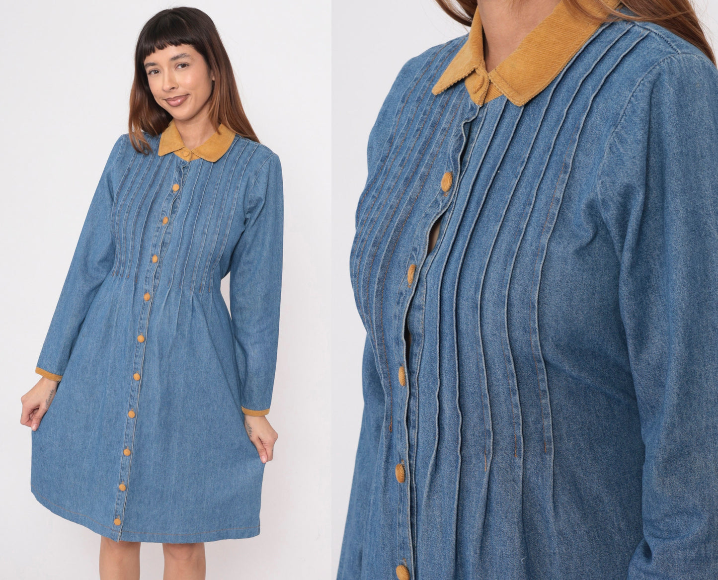 90s Studio Ease Blue Denim Shirtdress Corduroy Collar Knee-Length Small 6