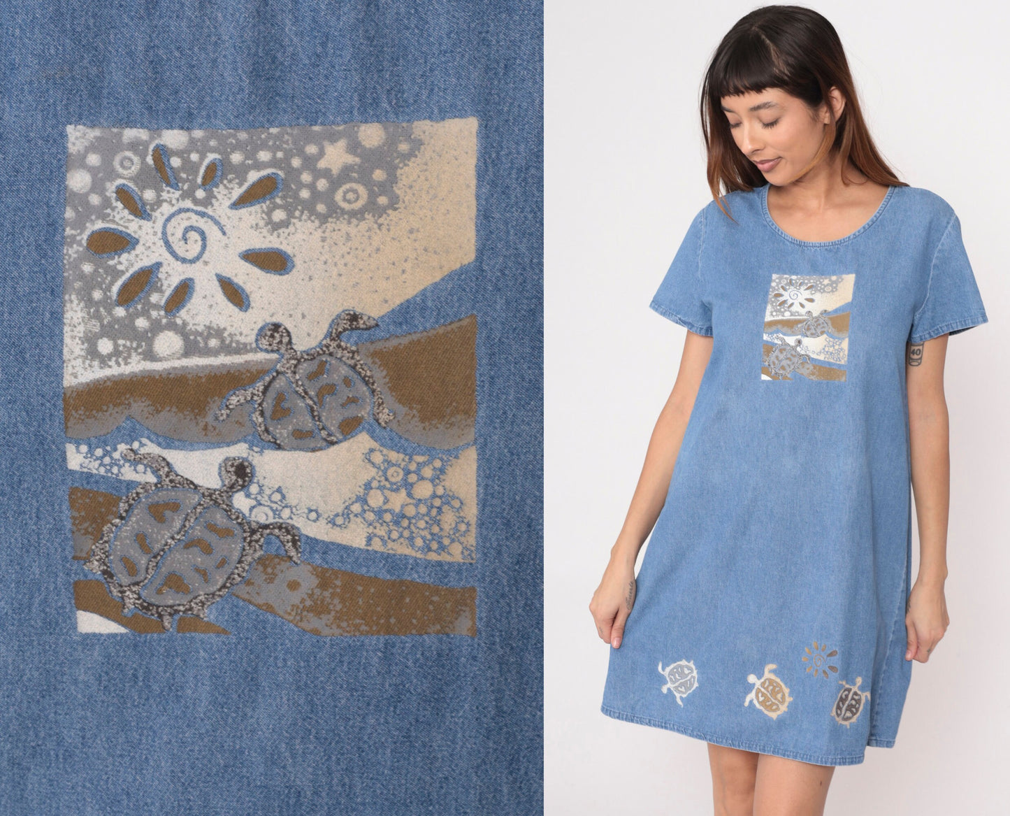 90s Sea Turtle Denim Mini Dress Blue Cotton Shift Short Sleeve Medium