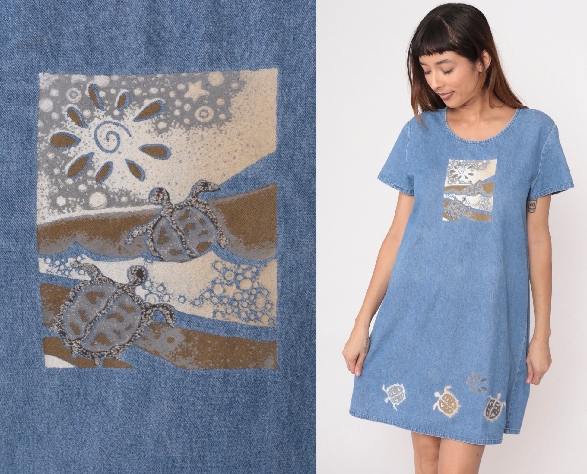 90s Sea Turtle Denim Mini Dress Blue Cotton Shift Short Sleeve Medium