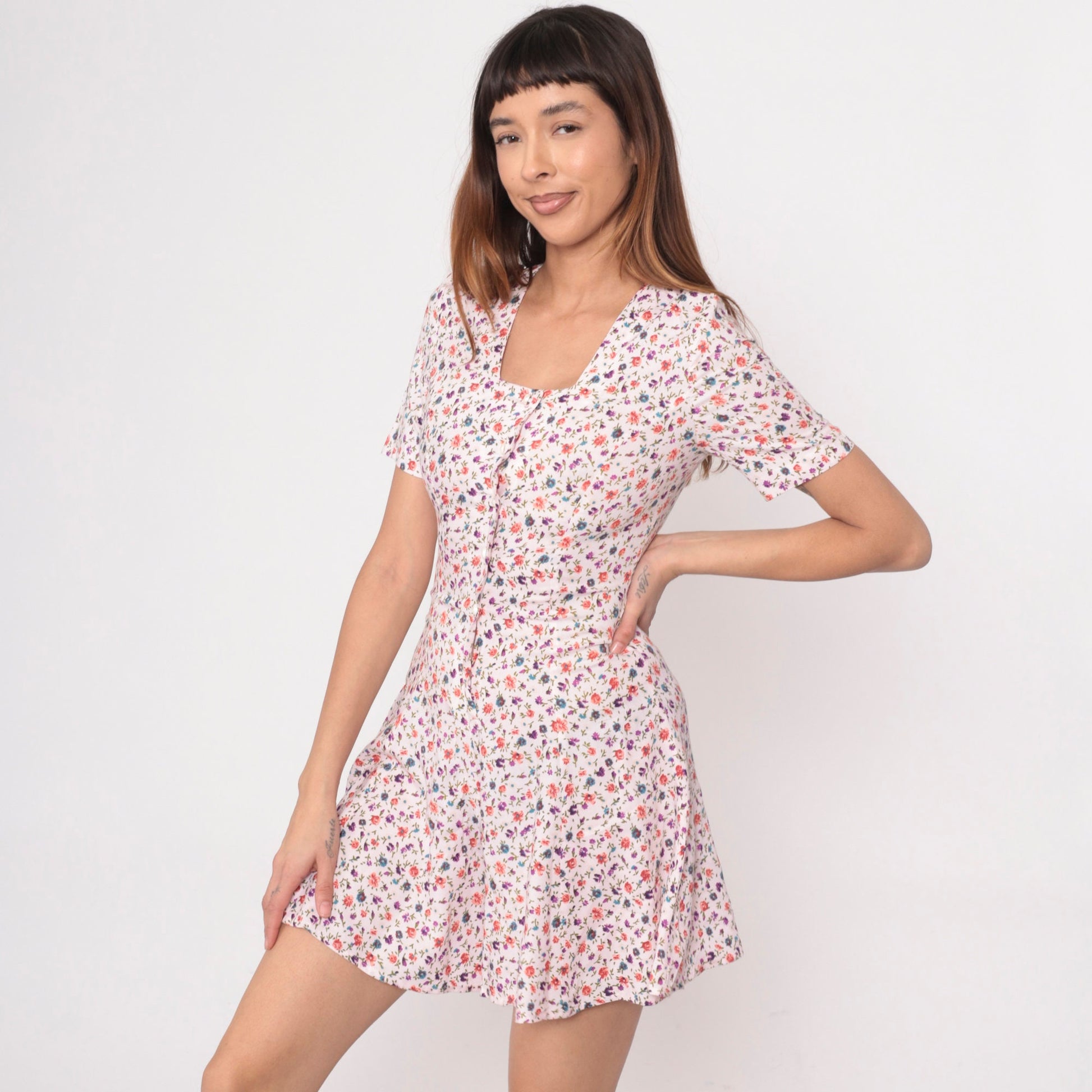 90s Pink Floral Rayon Romper Wide Leg Pearl Button Short Sleeve Extra Small