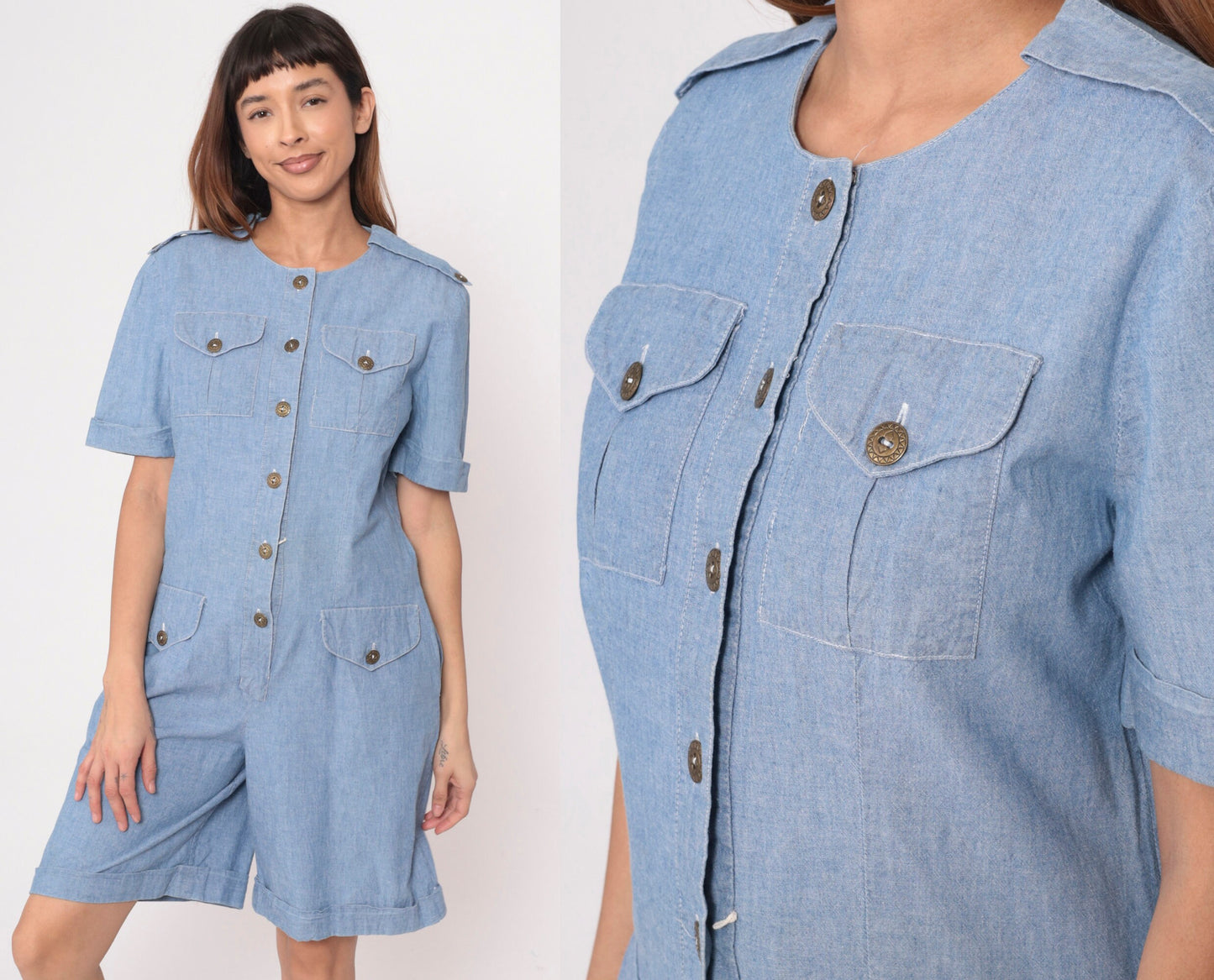 90s Leslie Fay Denim Romper Military Epaulette Chambray Playsuit Medium 8