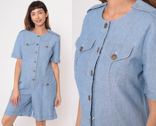 90s Leslie Fay Denim Romper Military Epaulette Chambray Playsuit Medium 8