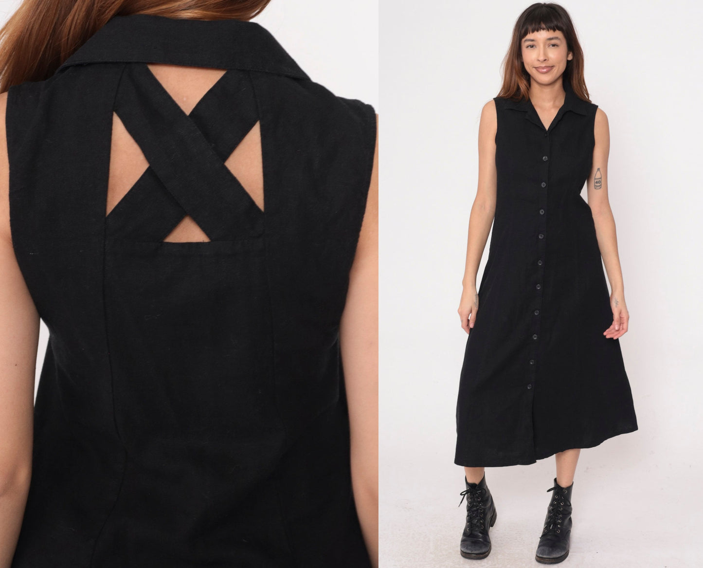 Y2K Black Linen Rayon Button-Up Midi Dress Cutout Back Small S