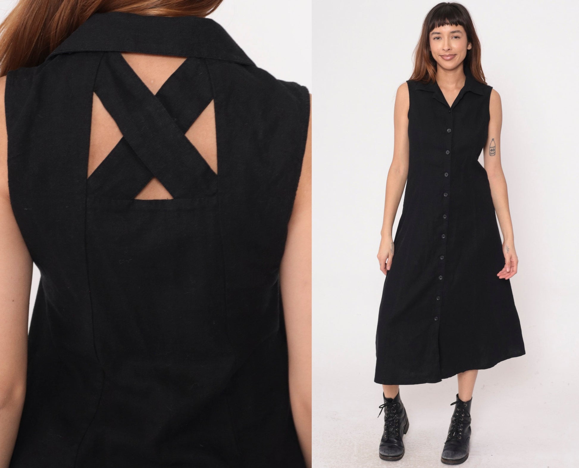Y2K Black Linen Rayon Button-Up Midi Dress Cutout Back Small S