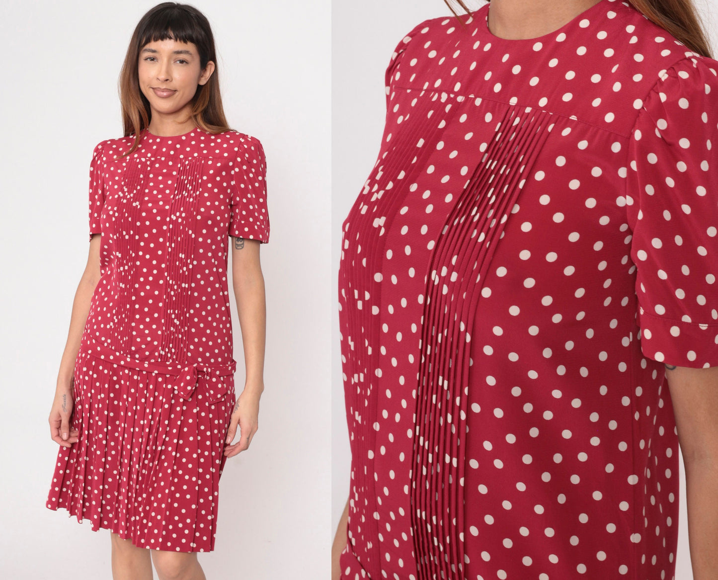80s Albert Nipon Red Polka Dot Midi Dress Puff Sleeve Drop Waist Small