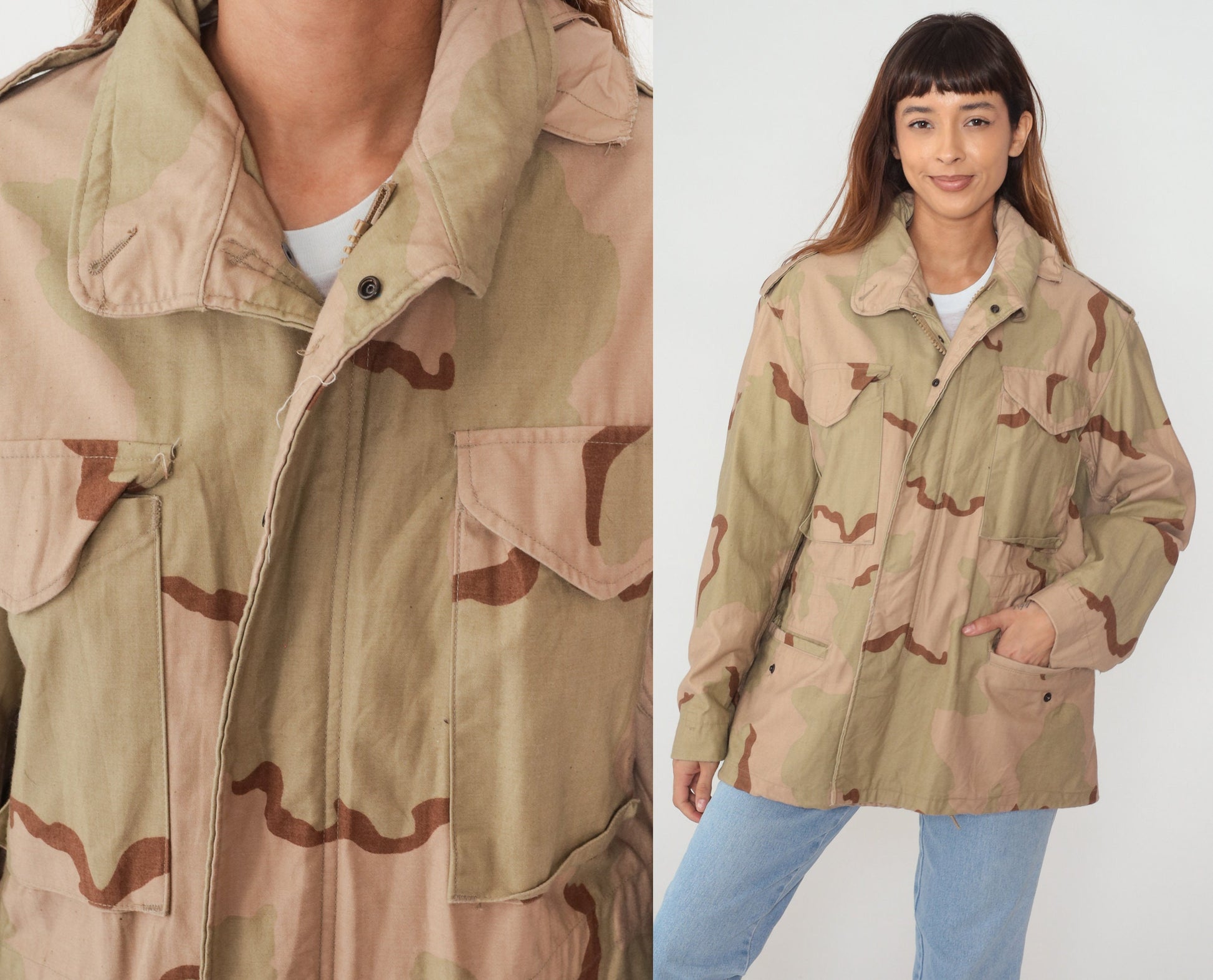 90s Camouflage Hooded Jacket Cargo Pockets Zip Snap Green Medium