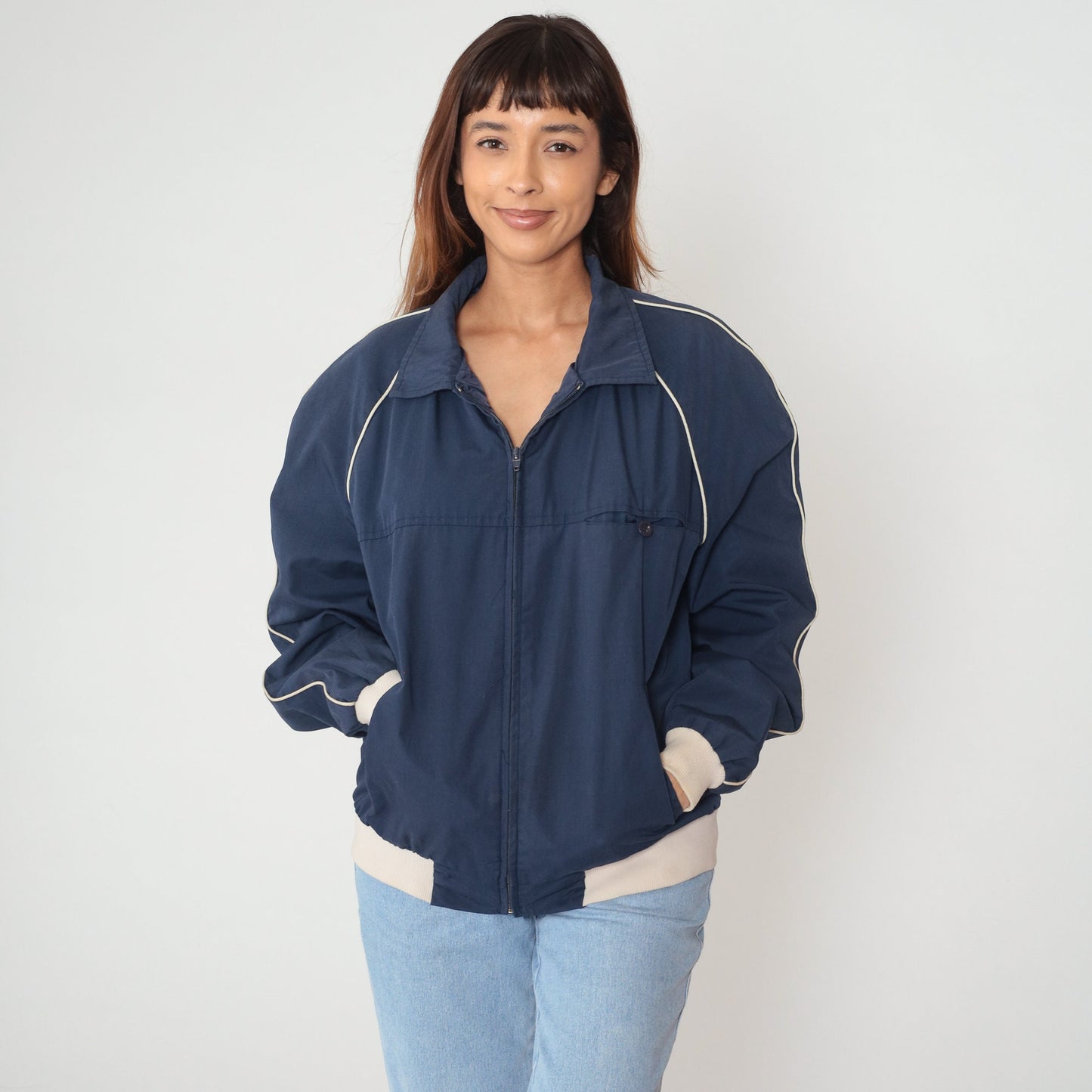 80s Navy Bomber Jacket Beige Trim Raglan Zip Windbreaker Large L