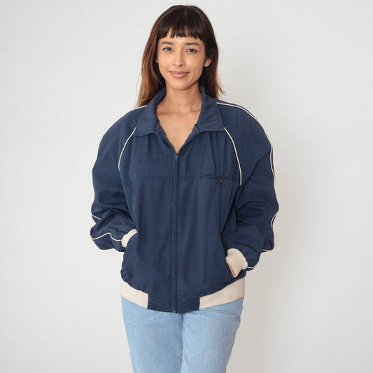80s Navy Bomber Jacket Beige Trim Raglan Zip Windbreaker Large L