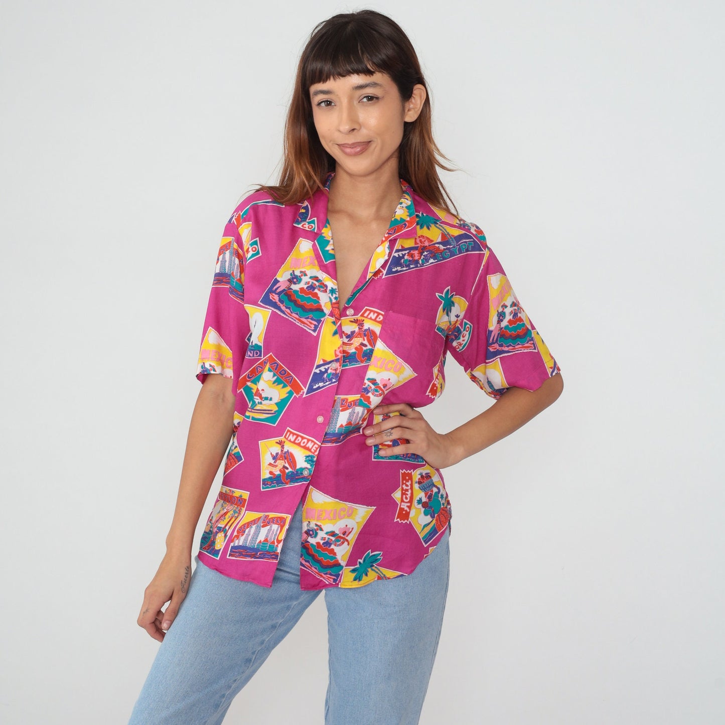 80s Gap Travel Print Button-Up Blouse Pink World Map Short Sleeve Small S