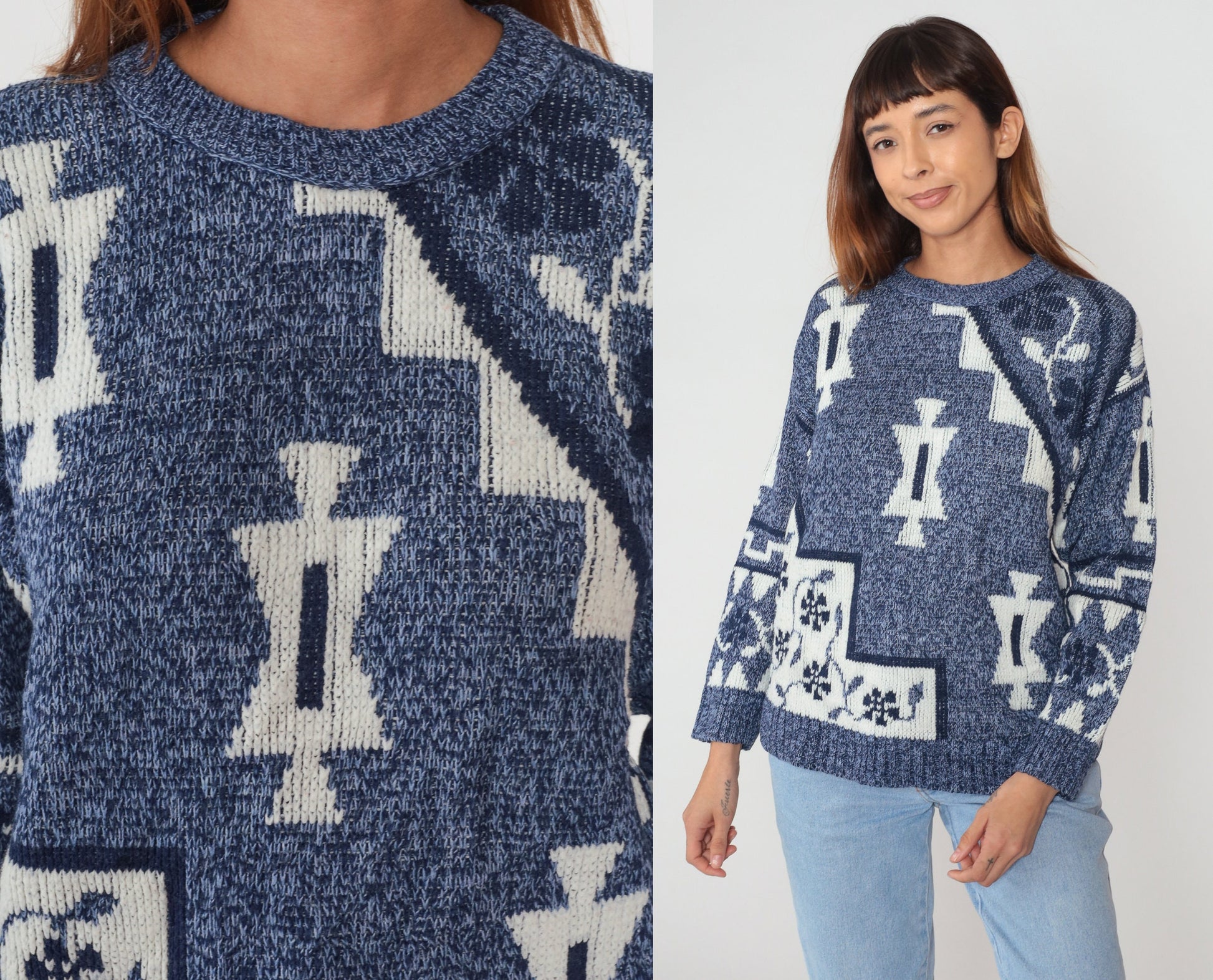 90s Blue Geometric Floral Knit Sweater Crewneck Pullover Small S