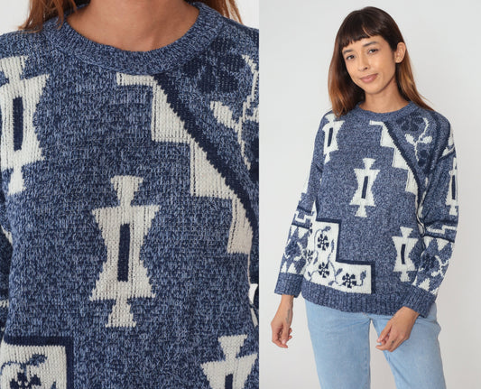 90s Blue Geometric Floral Knit Sweater Crewneck Pullover Small S