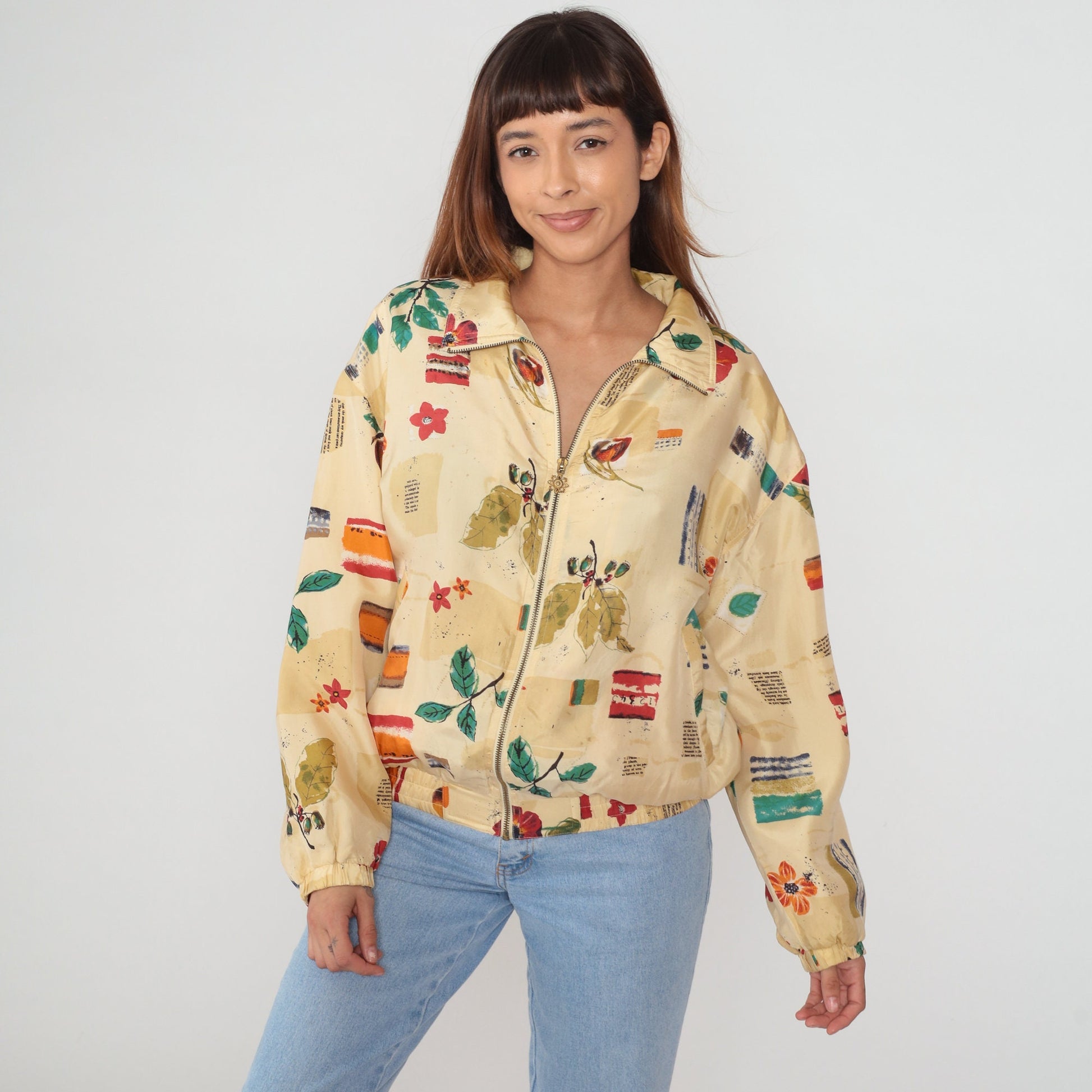 90s Wilson Silk Bomber Jacket Beige Floral Watercolor Print Medium M