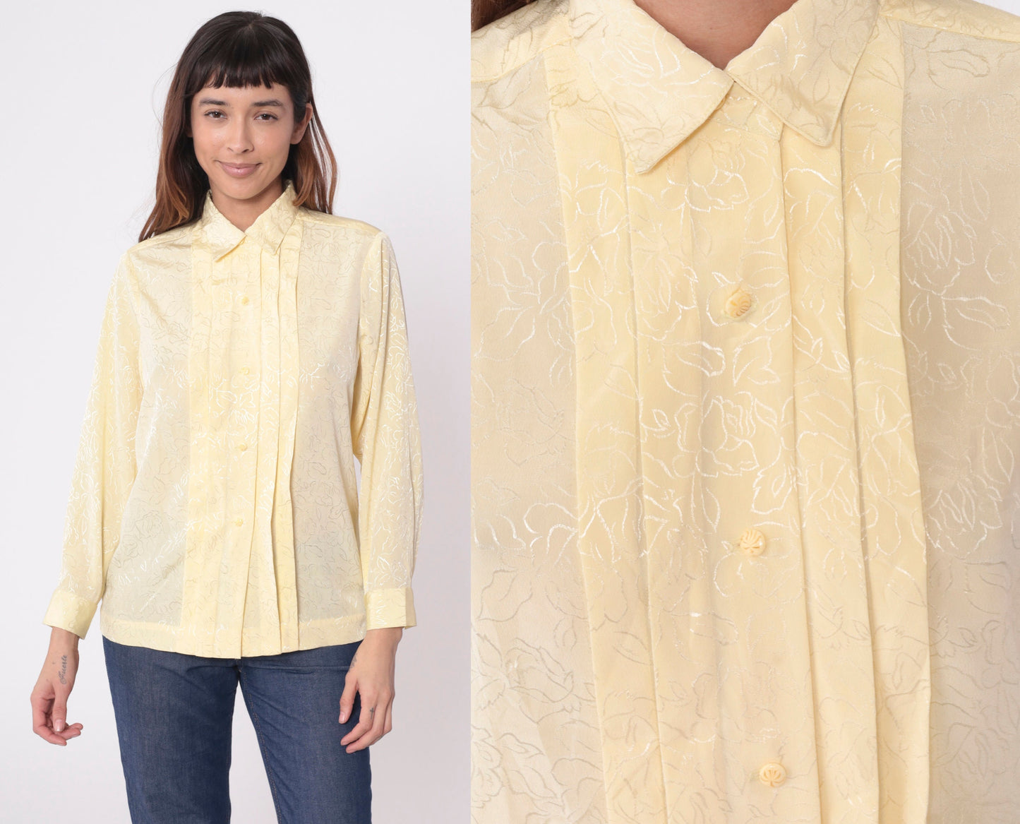 80s Yellow Floral Embossed Button-Up Blouse Long Sleeve Pleated Shirt Medium