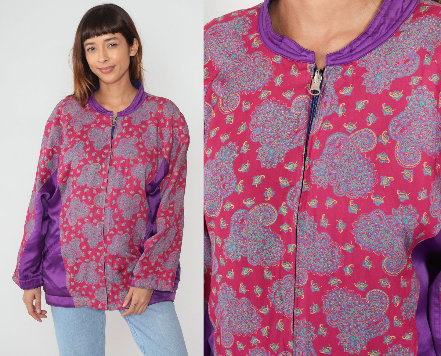 90s Paisley Silk Jacket Pink Purple Color Block Bomber Large L