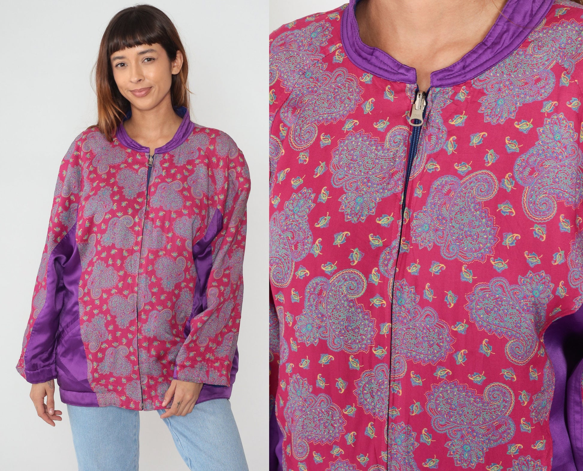 90s Paisley Silk Jacket Pink Purple Color Block Bomber Large L